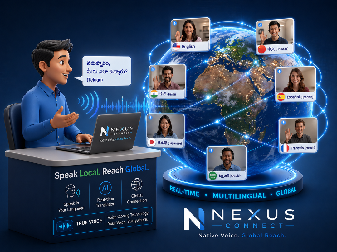 NexusConnect multilingual video meeting platform showing real-time AI translation across 100+ global languages